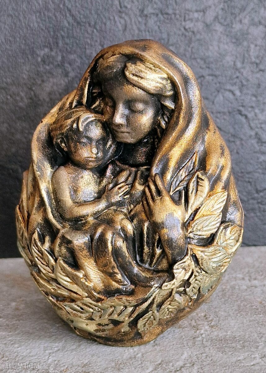 Rzeźba Matka z Dzieckiem - Maryja w metalicznym miedzianym złocie, 9,7 cm