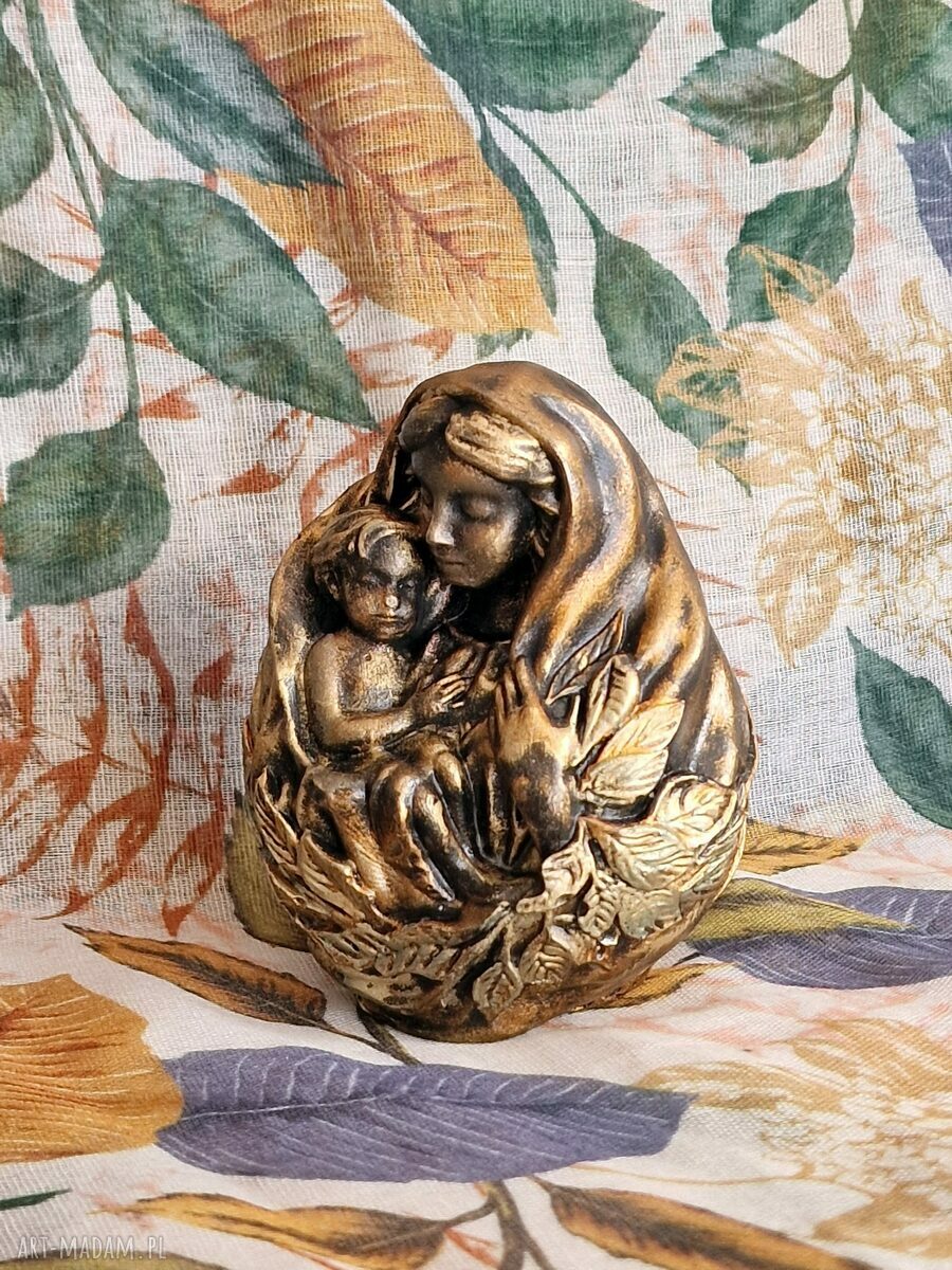 Rzeźba Matka z Dzieckiem - Maryja w metalicznym miedzianym złocie, 9,7 cm