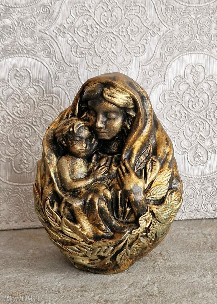Rzeźba Matka z Dzieckiem - Maryja w metalicznym miedzianym złocie, 9,7 cm