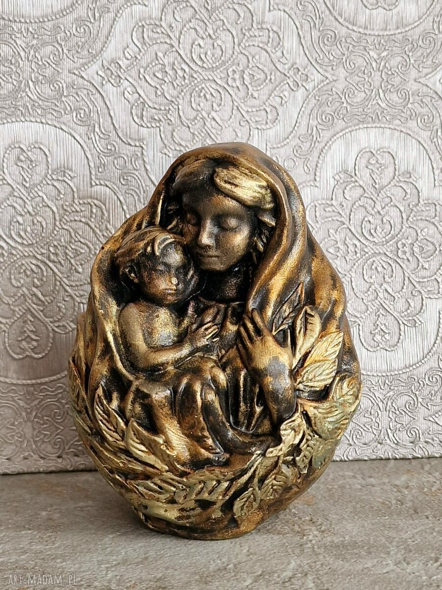 Rzeźba Matka z Dzieckiem - Maryja w metalicznym miedzianym złocie, 9,7 cm