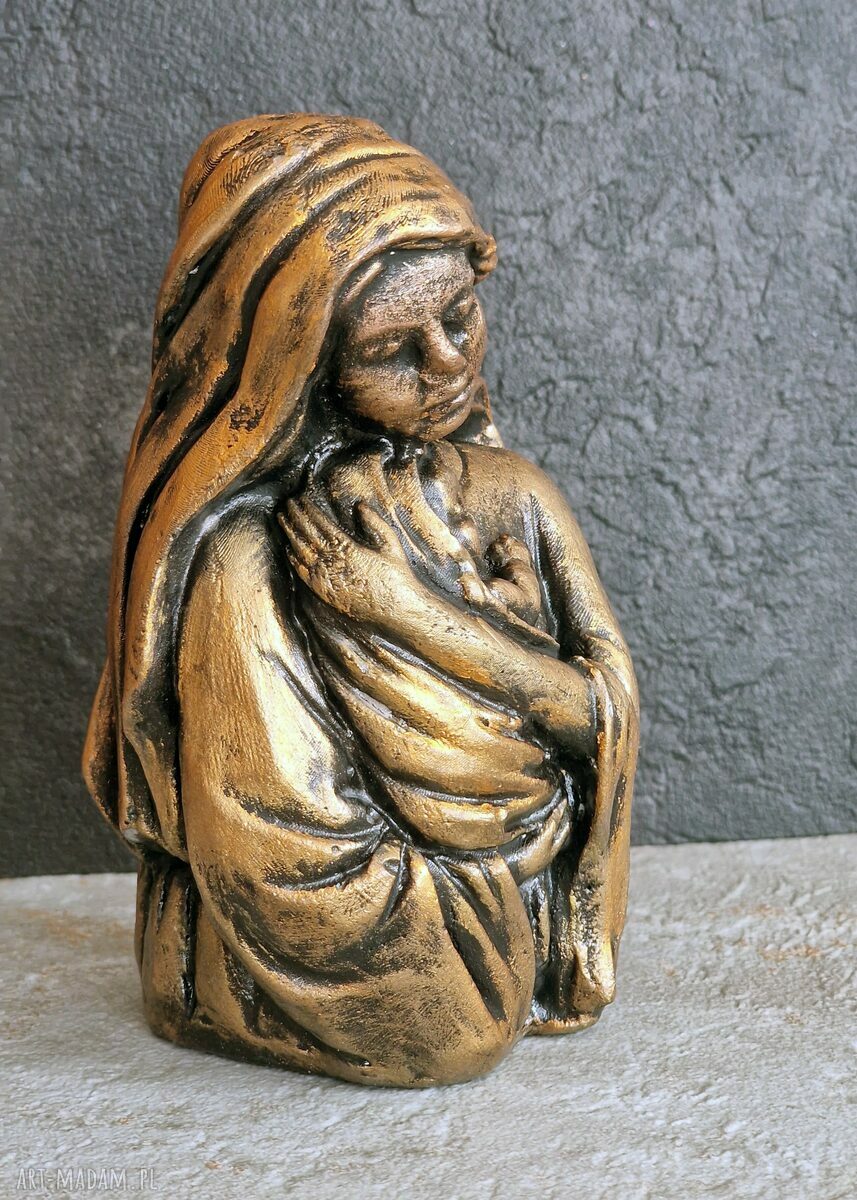 Matka Boża z Dzieciątkiem - rzeźba z gipsu w metalicznym złocie (11,8 cm)