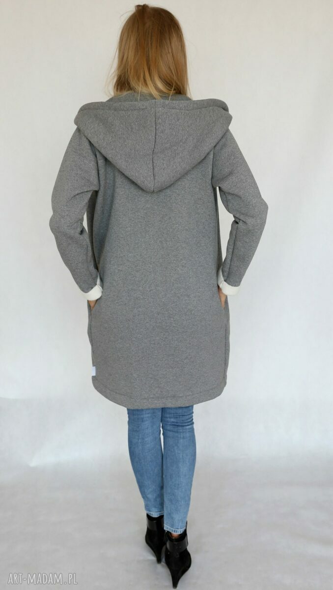 Płaszcz z kapturem szary melanż - oversize S/M z bawełnianej dzianiny