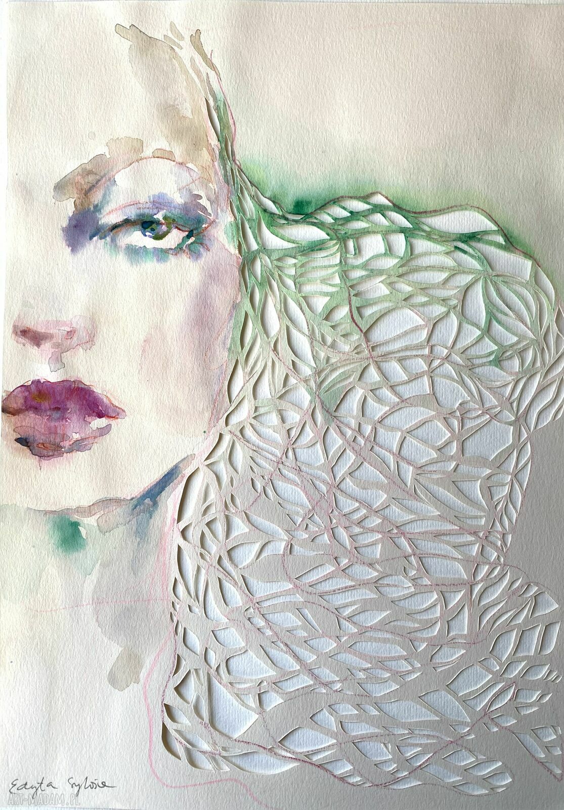 Sage - portret kobiety wycinanka ręcznie z papieru (akwarela i mixed media)