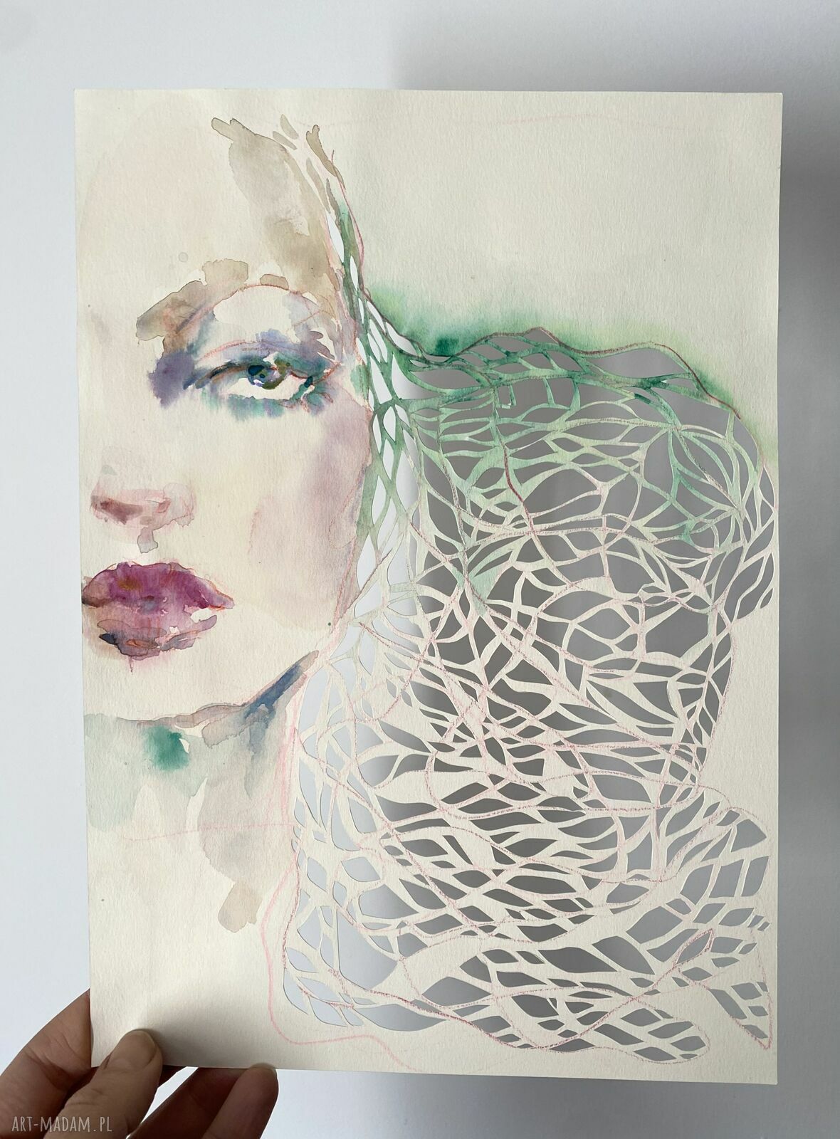 Sage - portret kobiety wycinanka ręcznie z papieru akwarela i mixed media