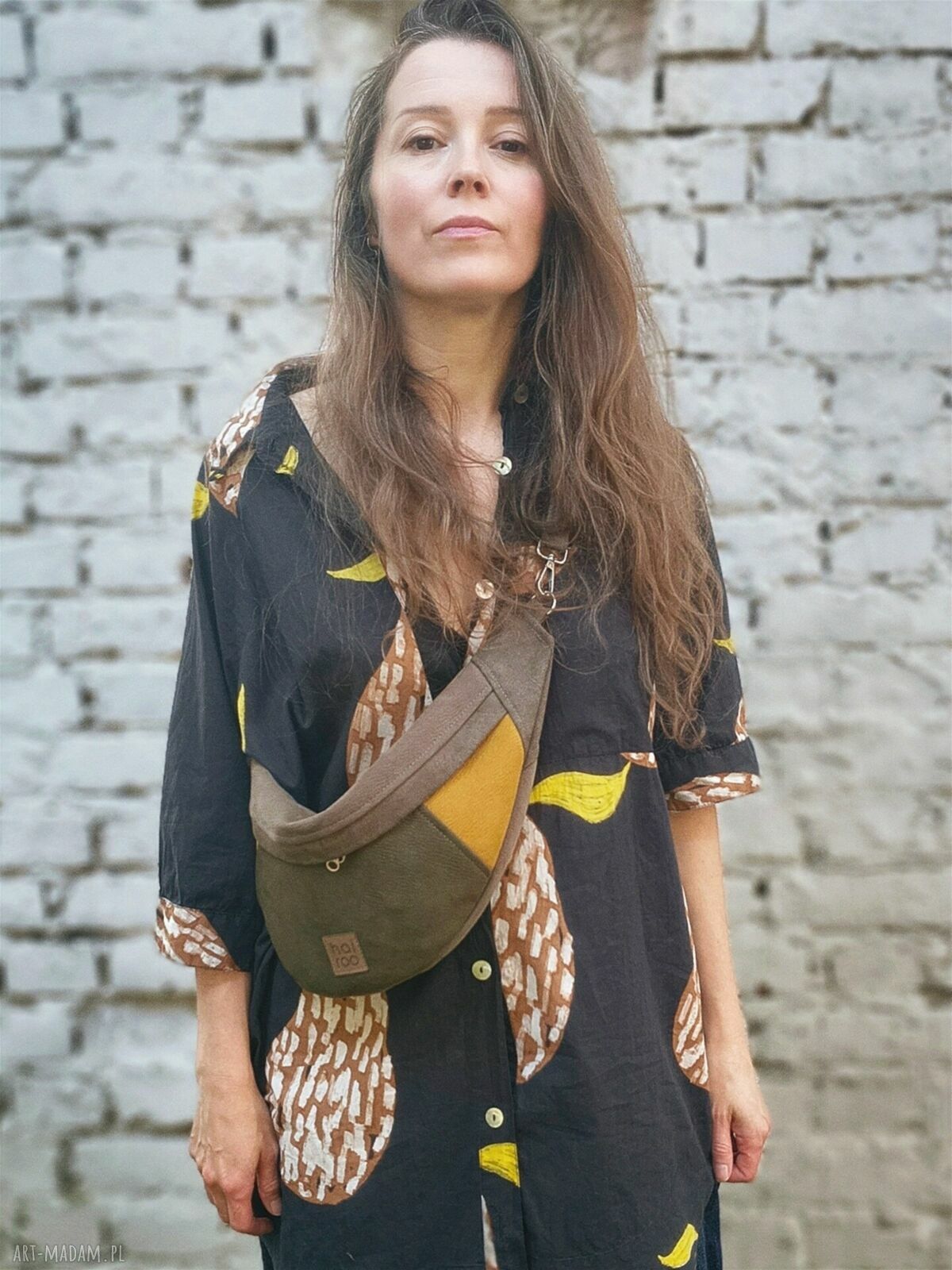 Nerka damska "Haru" vegan no waste - brązowa z musztardą i zielenią Hairoo