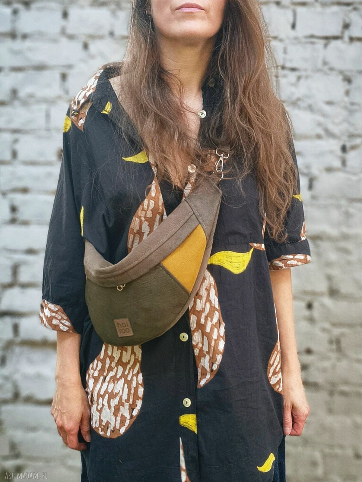 Nerka damska "Haru" vegan no waste - brązowa z musztardą i zielenią (Hairoo)