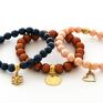 handmade bransoletki salmon pearl, navy blue jade & caramel glass set