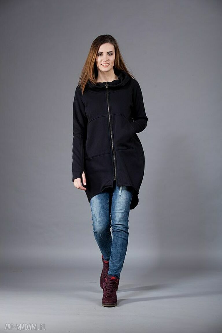 Czarna bluza Saloni Zip z kapturem, asymetrycznym krojem i zamkiem
