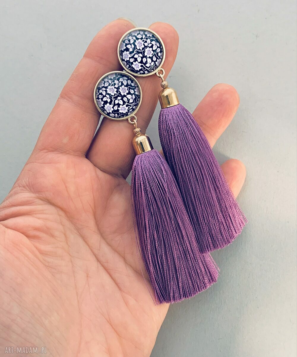 Kolczyki Sara boho z chwostami we wrzosie - frędzle 10 cm