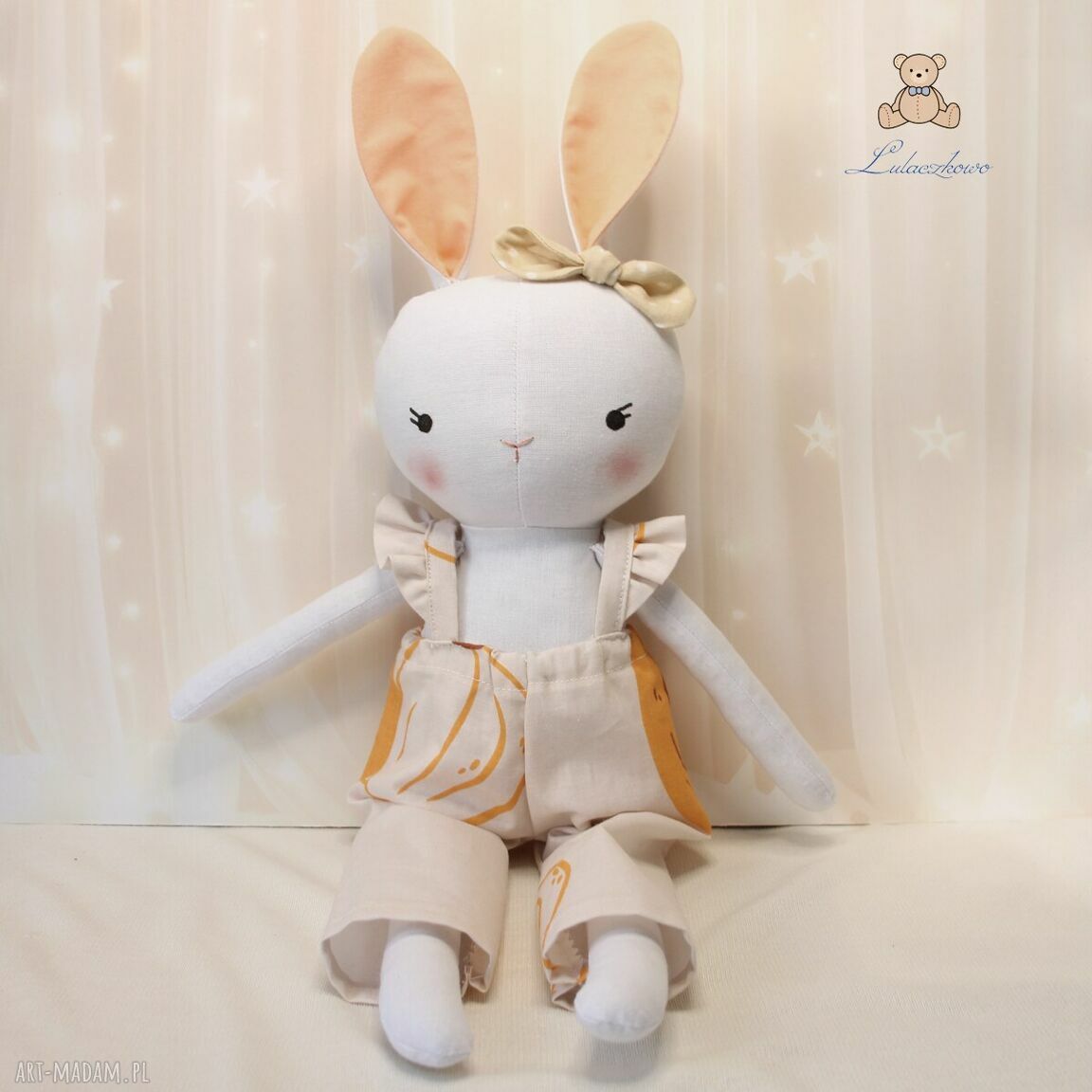 Króliczek Sara przytulanka handmade w jesiennym kombinezonie w dyni z falbankami