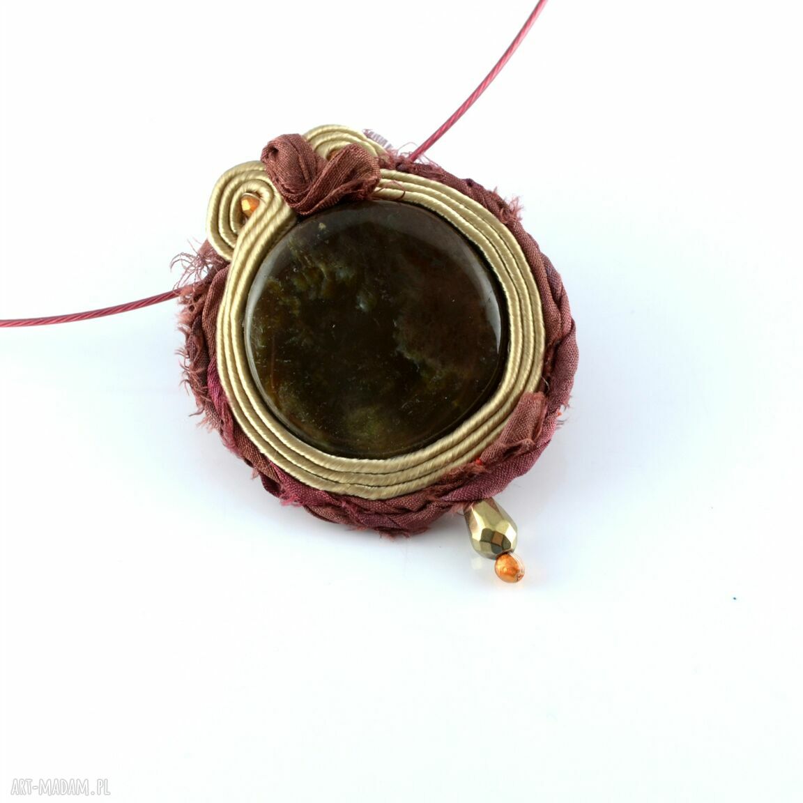 Brązowy wisior sutasz jedwabiem bezowy sari jedwab boho tribal