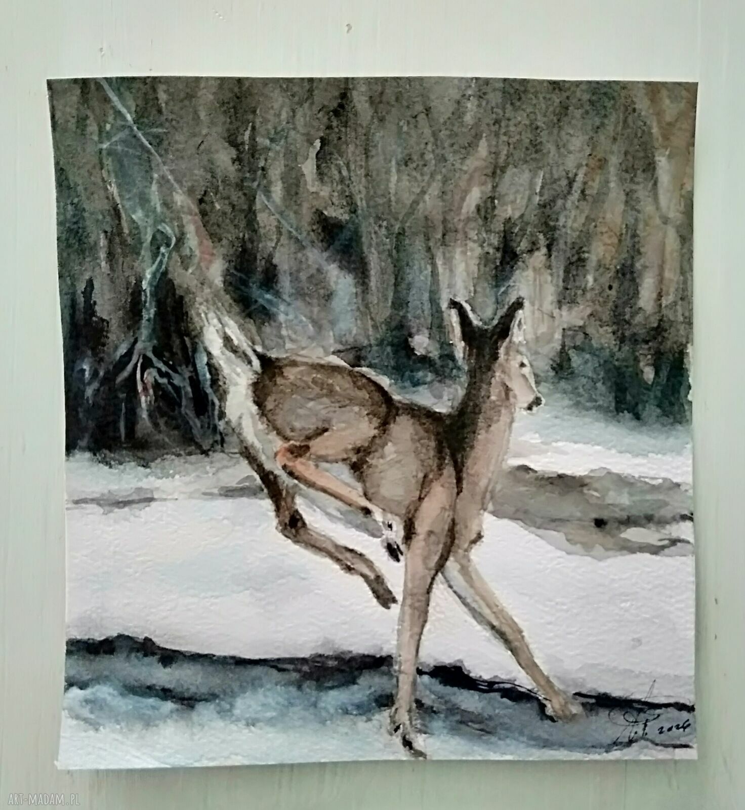 Sarna na skraju lasu - akwarela 15 x 16 cm, papier 300 g