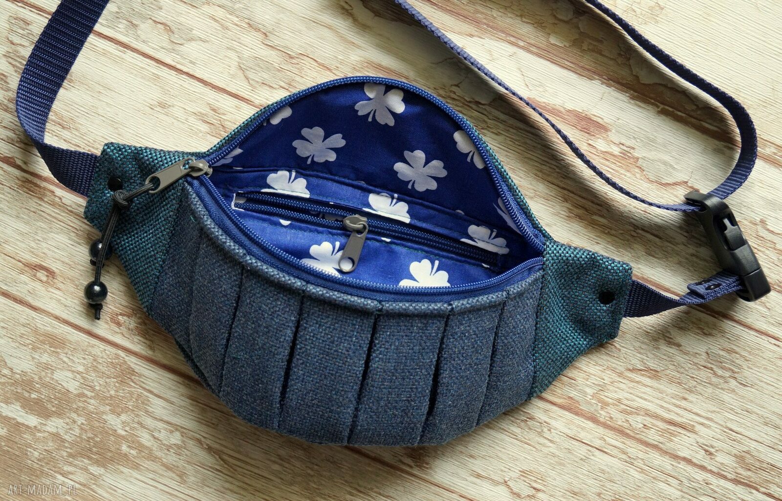 Granatowo-turkusowa nerka/saszetka na pas z koniczynkami - handmade