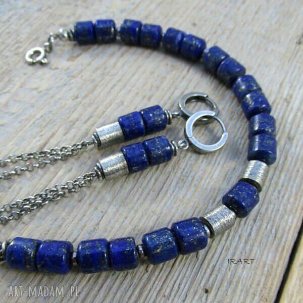Satynowe walce z lapis lazuli - kolczyki z oksydowanego srebra 925