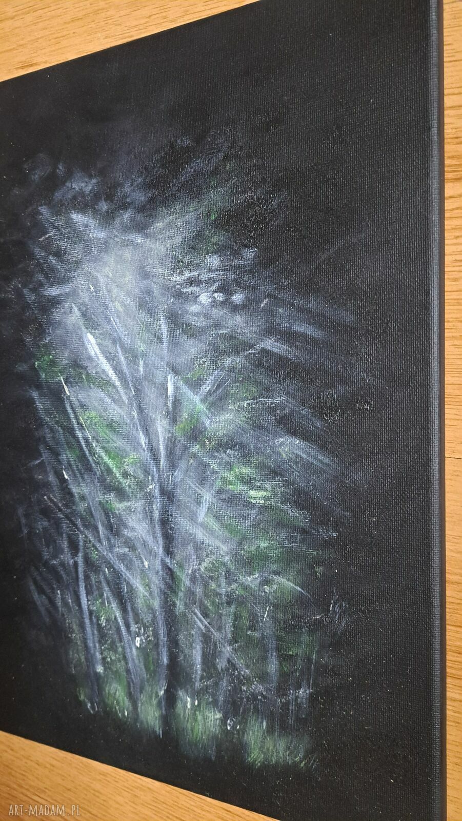 Obraz olejny 30x40 - Sekret Nocy, nocny las w srebrnej mgle