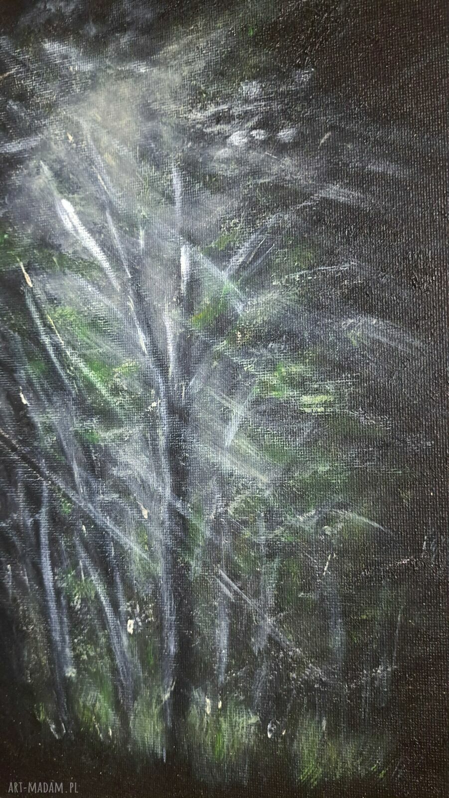 Obraz olejny 30x40 - Sekret Nocy, nocny las w srebrnej mgle