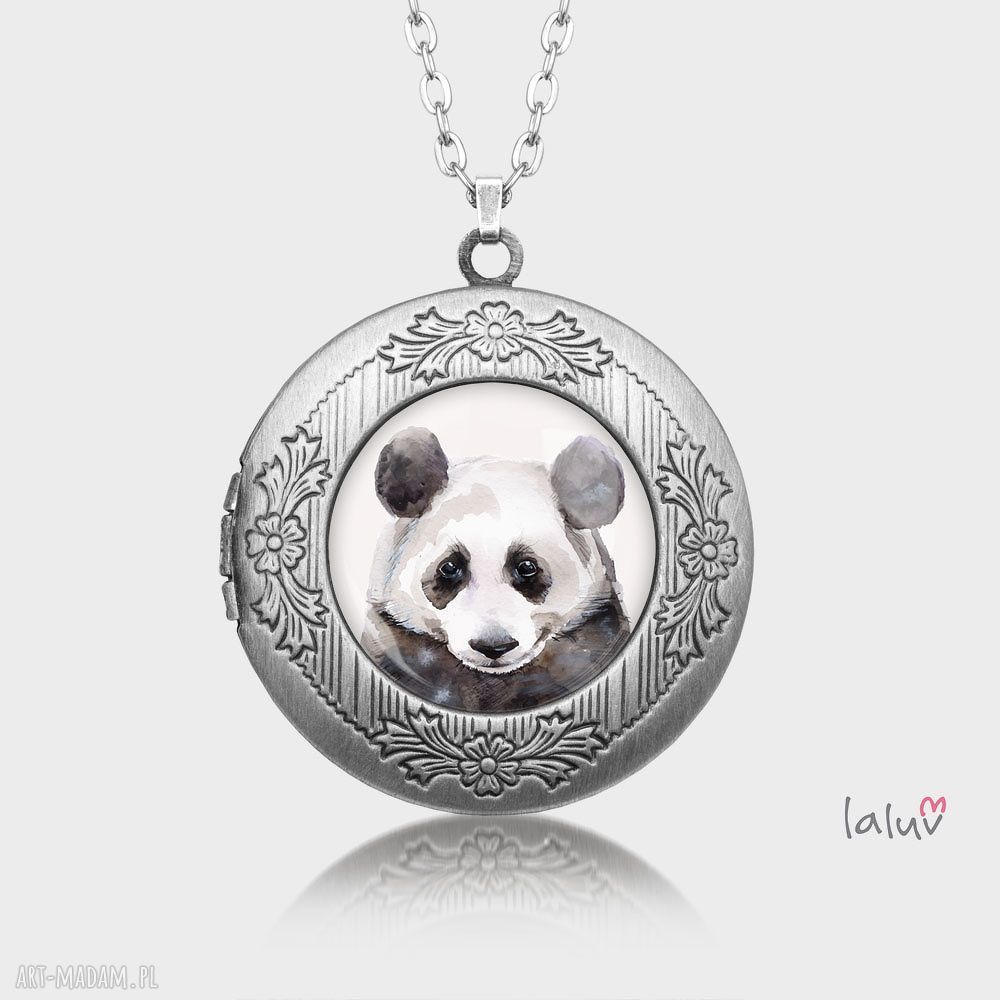 Ręcznie robiony wisiorek Sekretnik PANDA z bambusem - medalion z wypukłym szkiełkiem