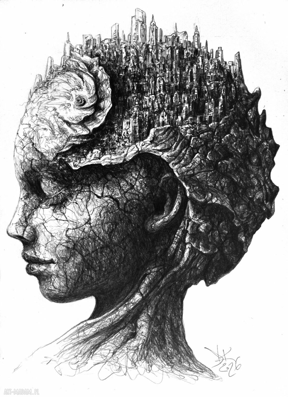 Sen Druidki - rysunek piórkiem A4 surrealizm i fantastyka