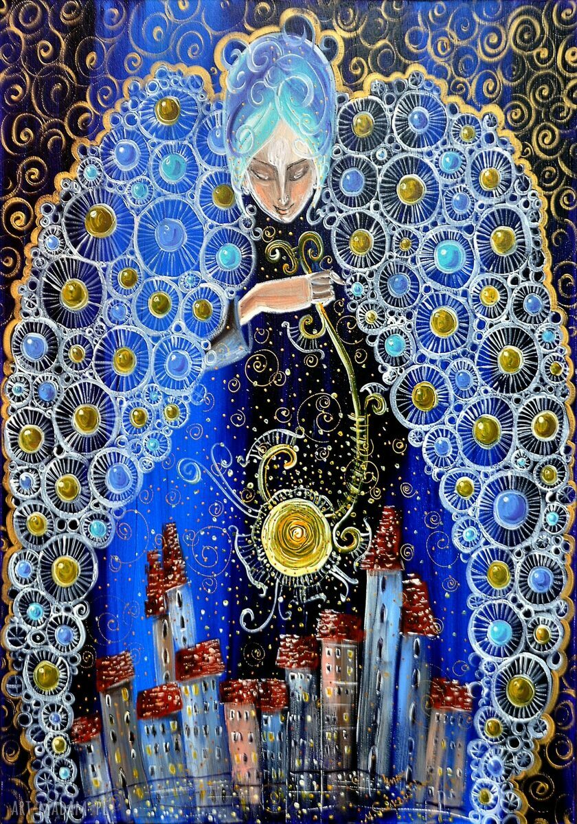 Sen nad miastem - anioł i miasto 65x80 na płótnie canvas