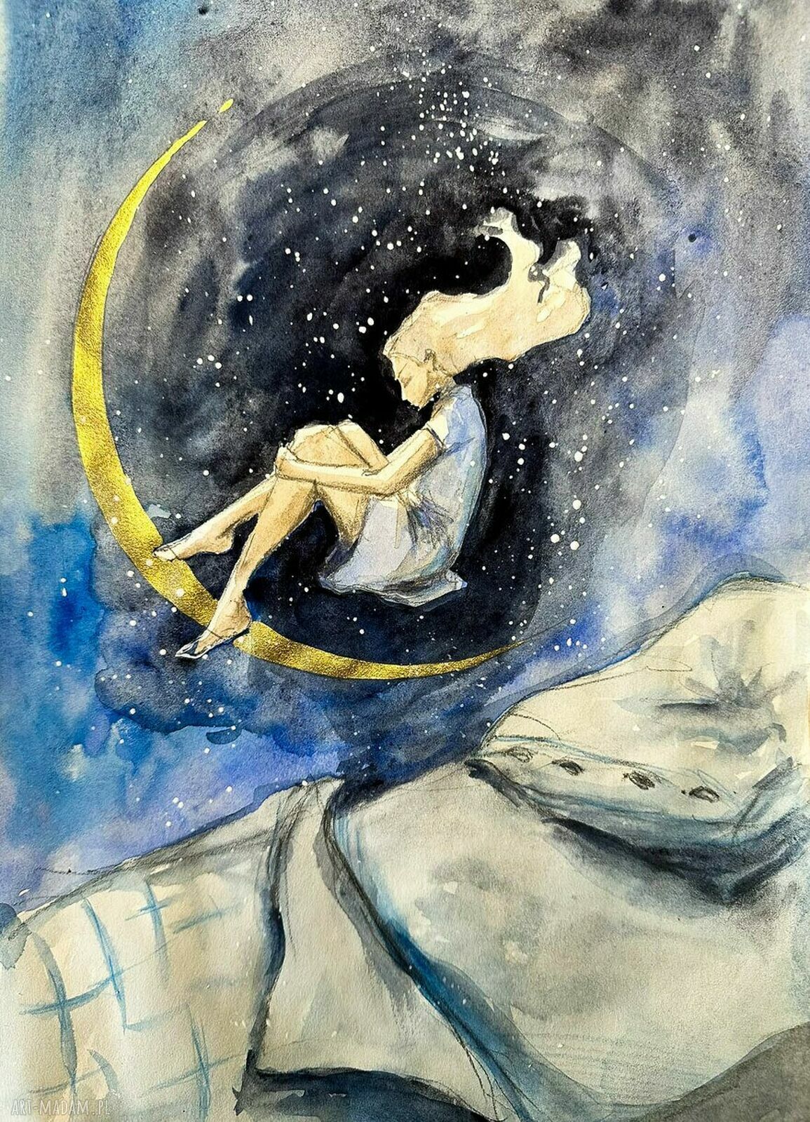 „Sen” - nastrojowa akwarela Adriany Laube, noc i księżyc A3 42x30