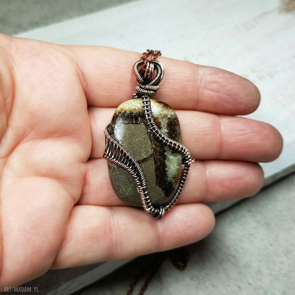 Septarian (smoczy kamień) - ręcznie robiony naszyjnik wire wrapping z miedzi