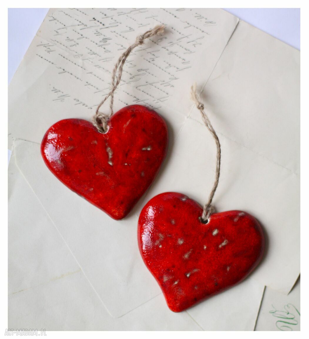Serca karminowe - komplet 2 ceramicznych serc handmade