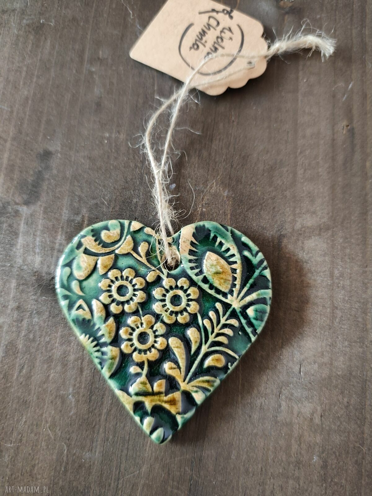 Zielone serce ceramiczne - zawieszka handmade na prezent
