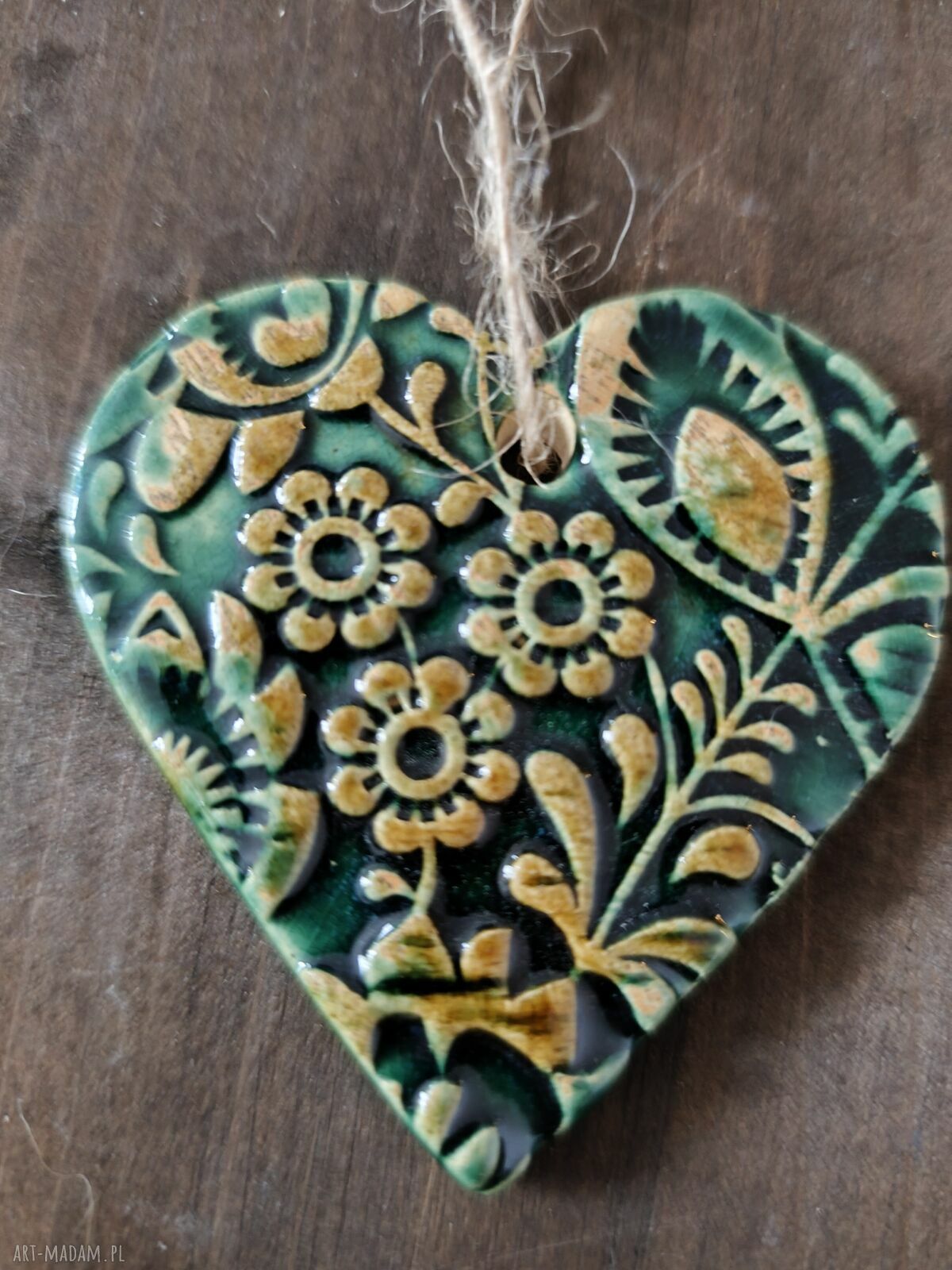 Zielone serce ceramiczne - zawieszka handmade na prezent