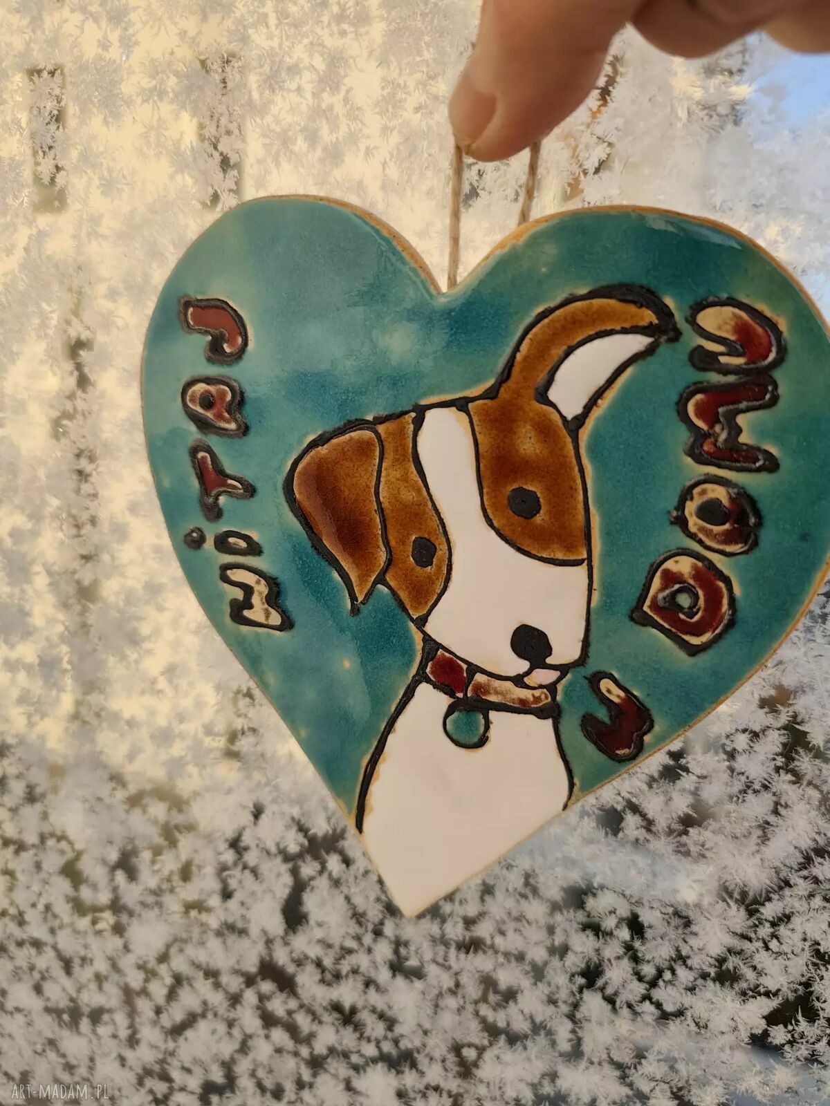 Serce ceramiczne z pieskiem - ręcznie wykonana zawieszka do domu