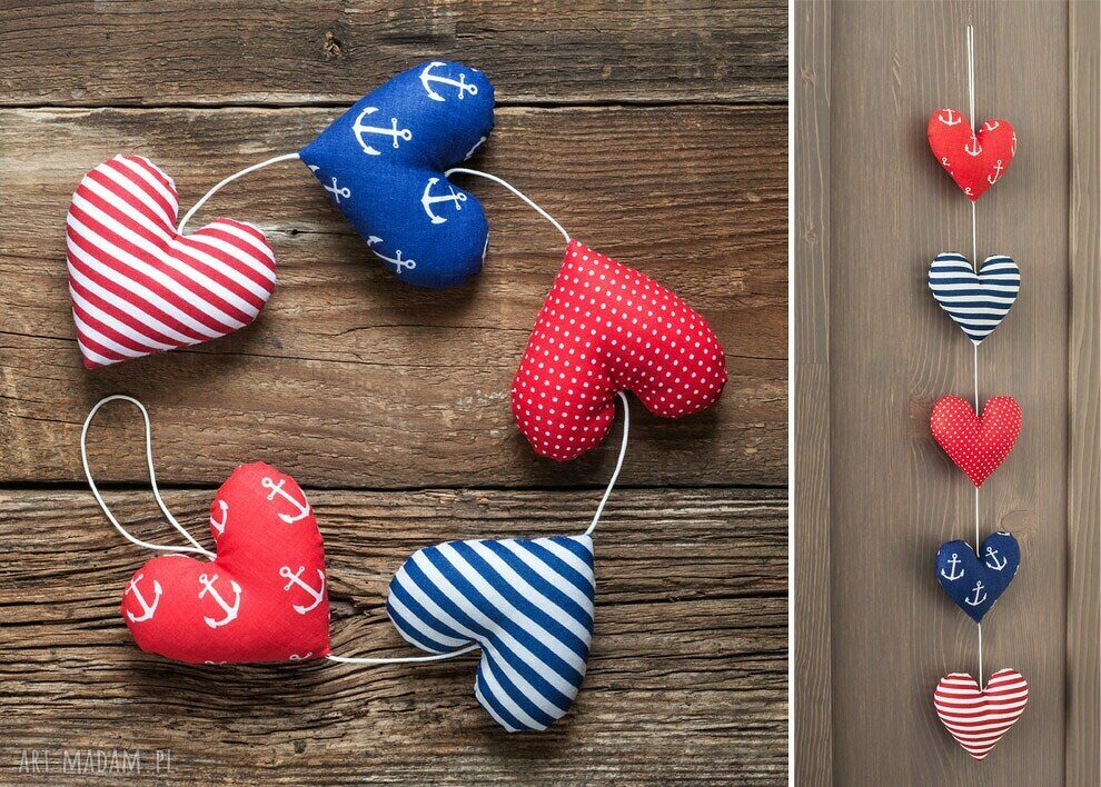 Girlanda sercowa marynarska z 5 serc - dekoracja handmade na prezent