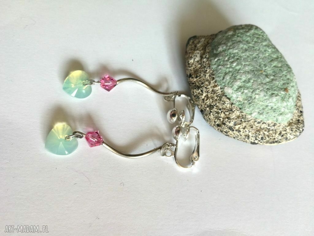 Klipsy serduszka seledynowe Swarovski - handmade (pojedyncza sztuka)