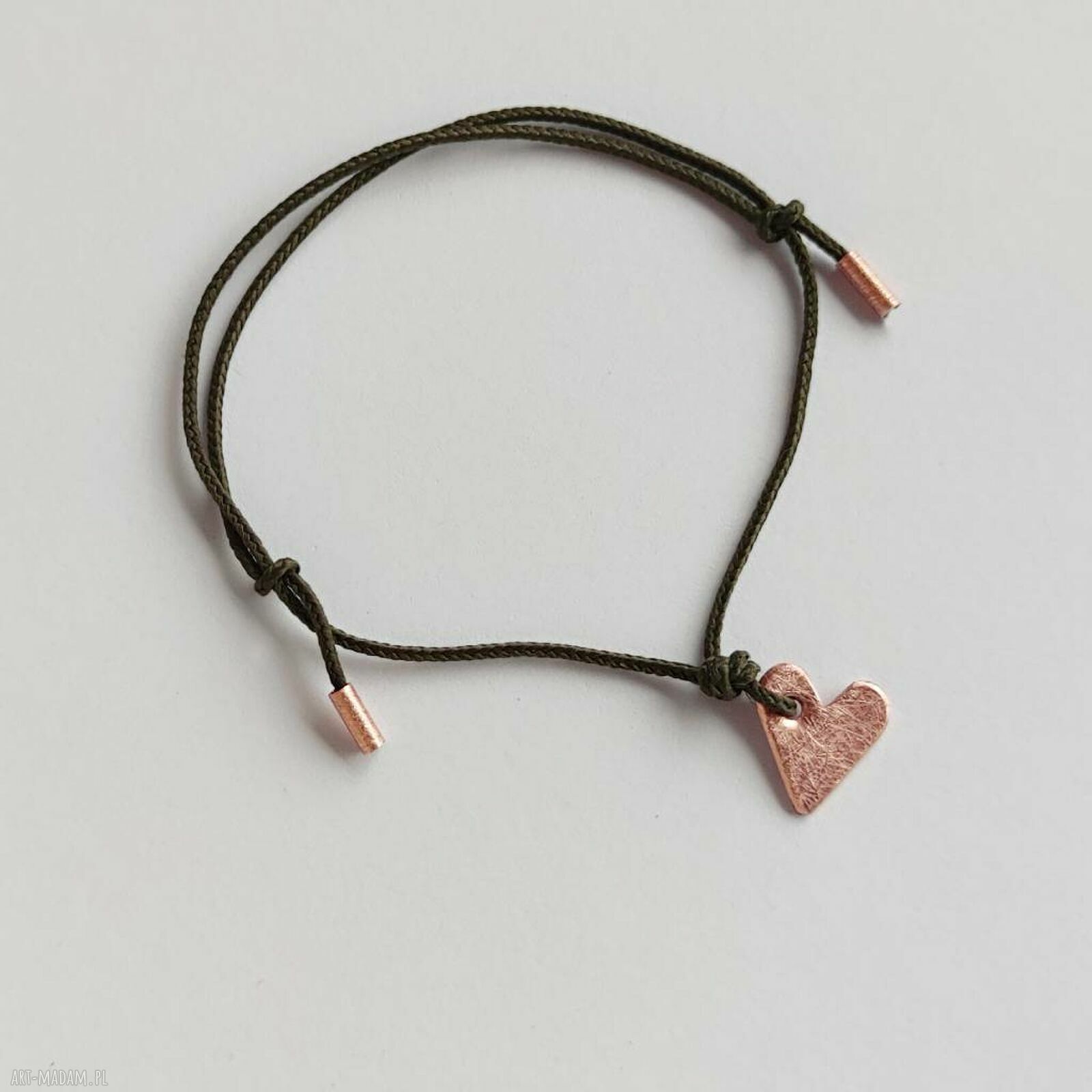 Serduszko bransoletka z miedzi - handmade na zielonym sznurku