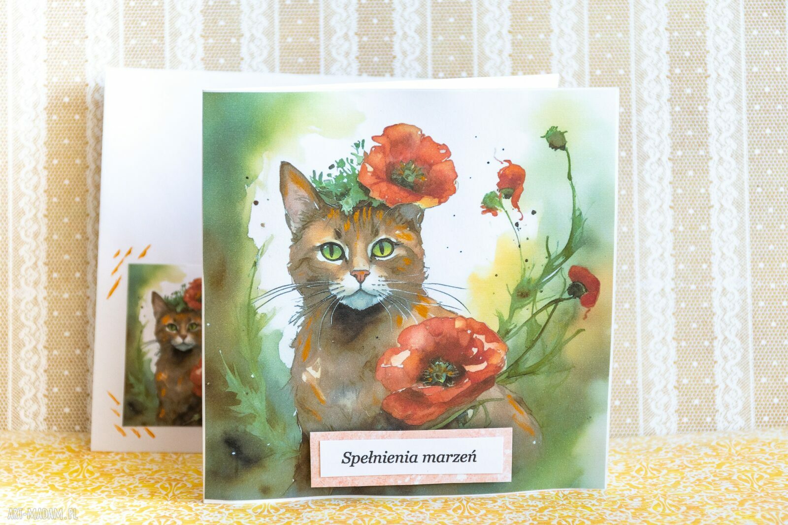 Spełnienia marzeń - kartka handmade z kotkiem w makach i ozdobną kopertą