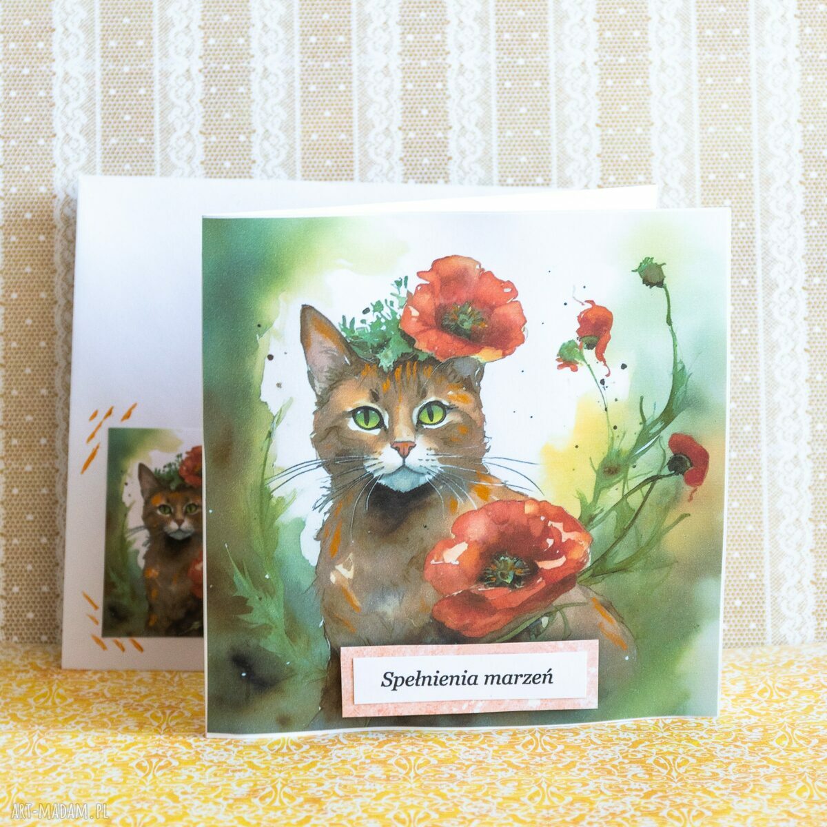 Spełnienia marzeń - kartka handmade z kotkiem w makach i ozdobną kopertą