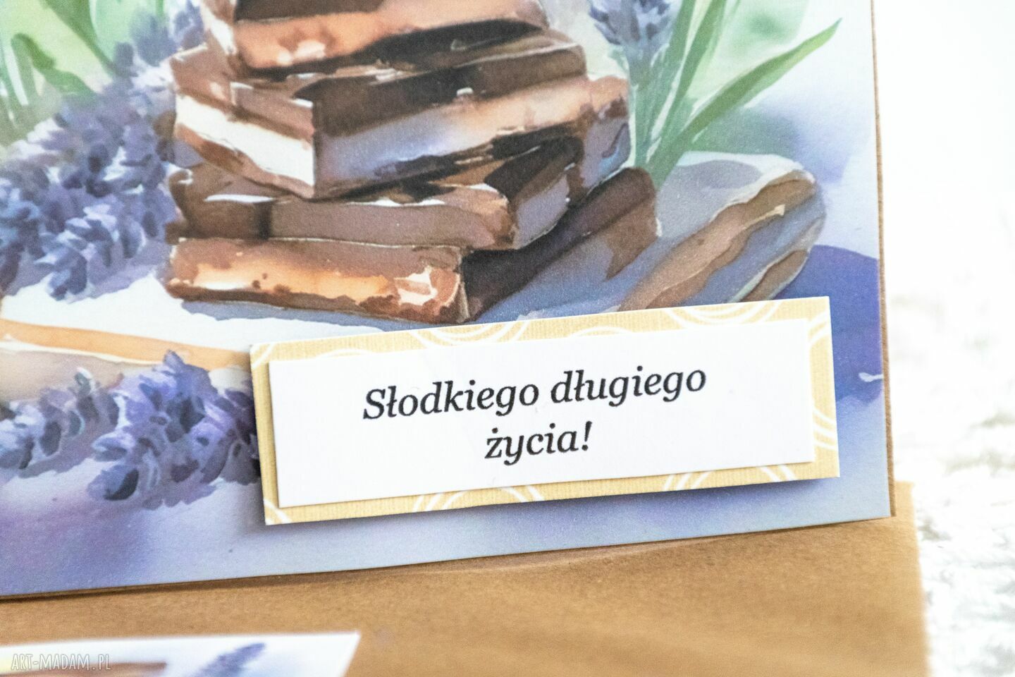 Kartka i koperta „Słodkiego długiego życia” - lawenda i czekolada