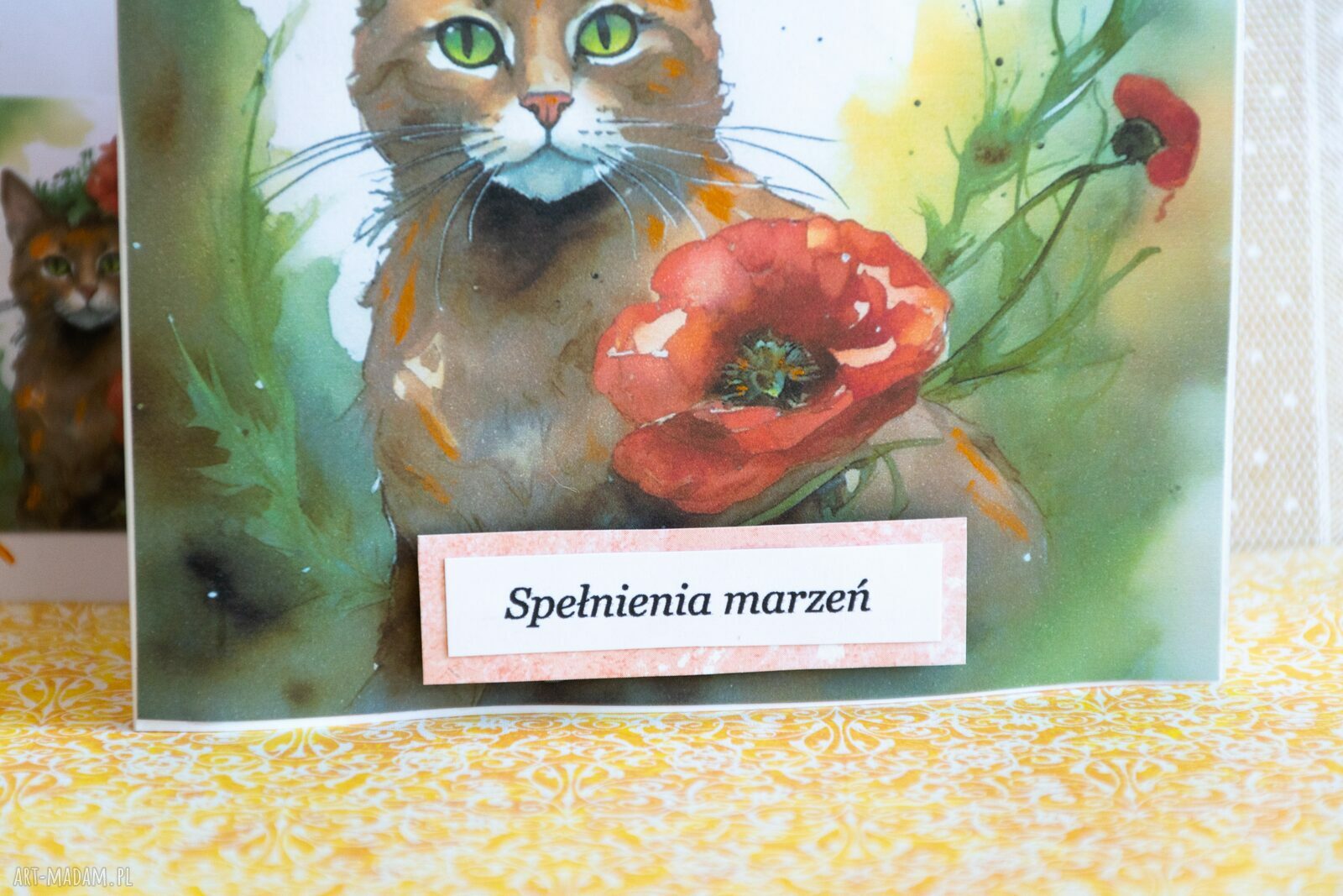 Spełnienia marzeń - kartka handmade z kotkiem w makach i ozdobną kopertą