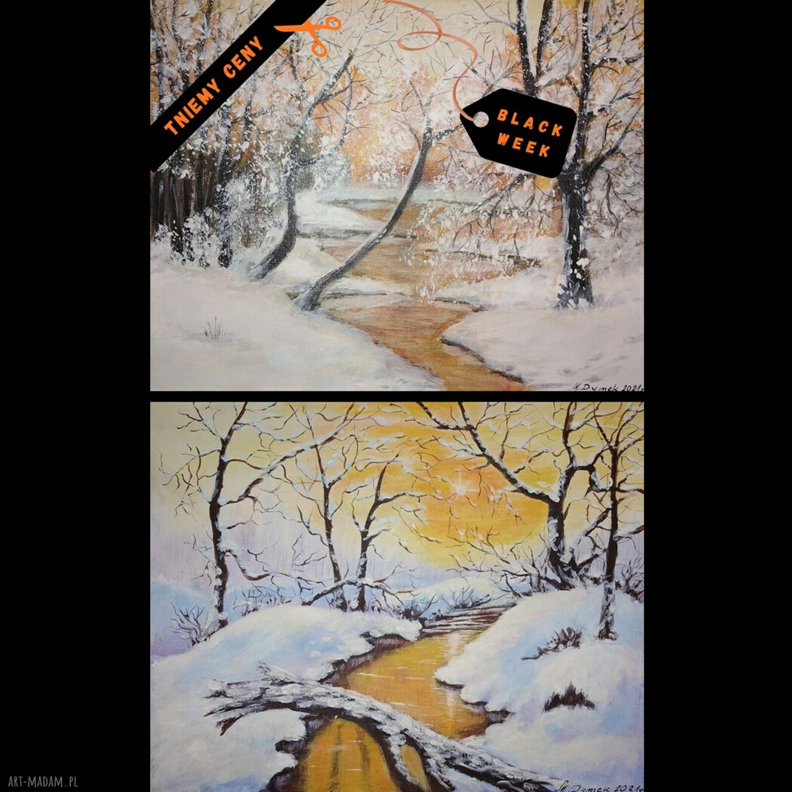 Seria zimowych obrazów 2 sztuki - ręcznie malowane akrylowe 30x24 cm
