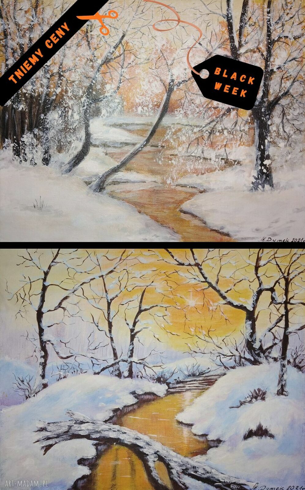 Seria zimowych obrazów 2 sztuki - ręcznie malowane akrylowe 30x24 cm
