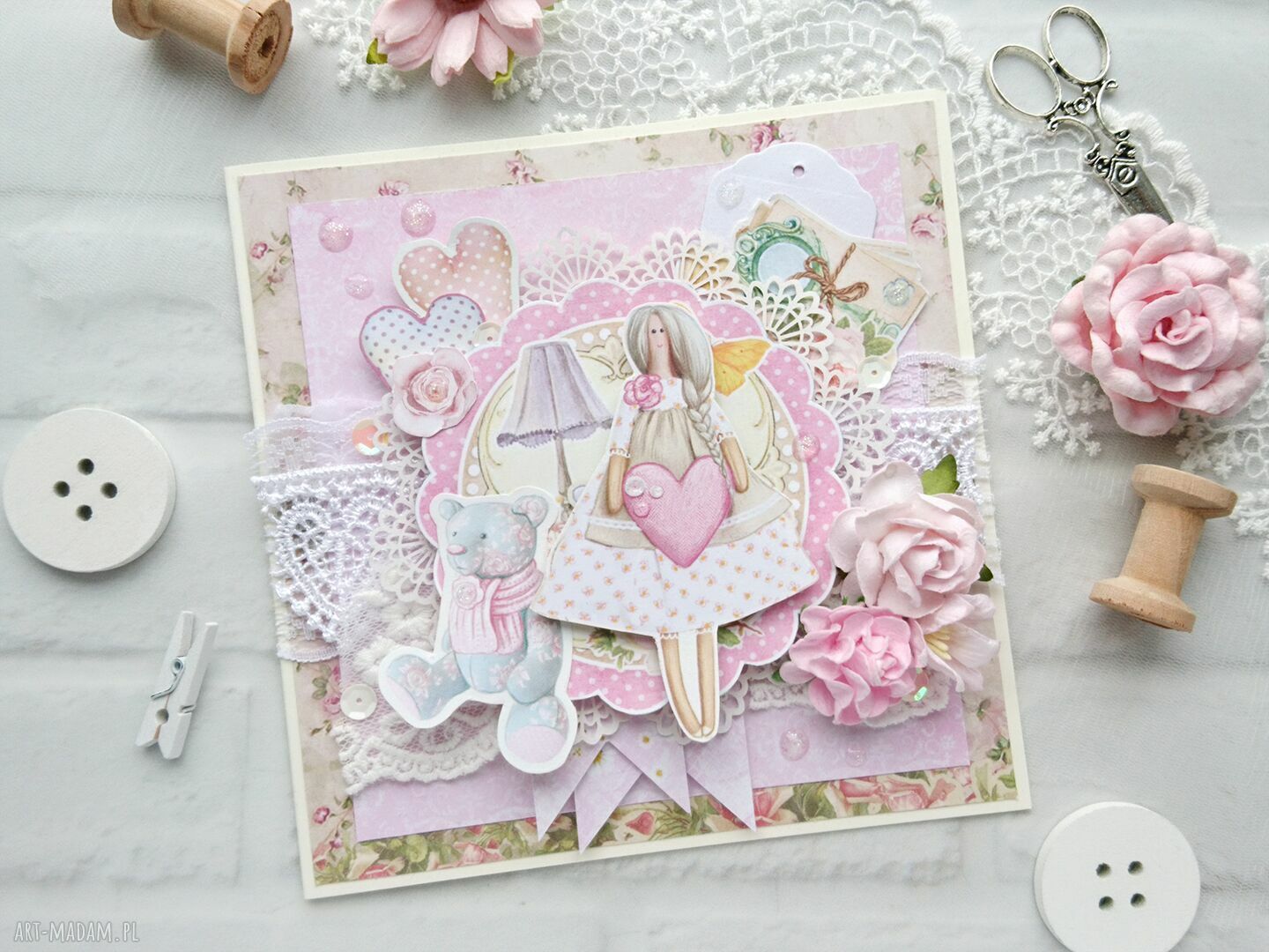 Kartka tildą różowa shabby chic róże ręcznie wykonana