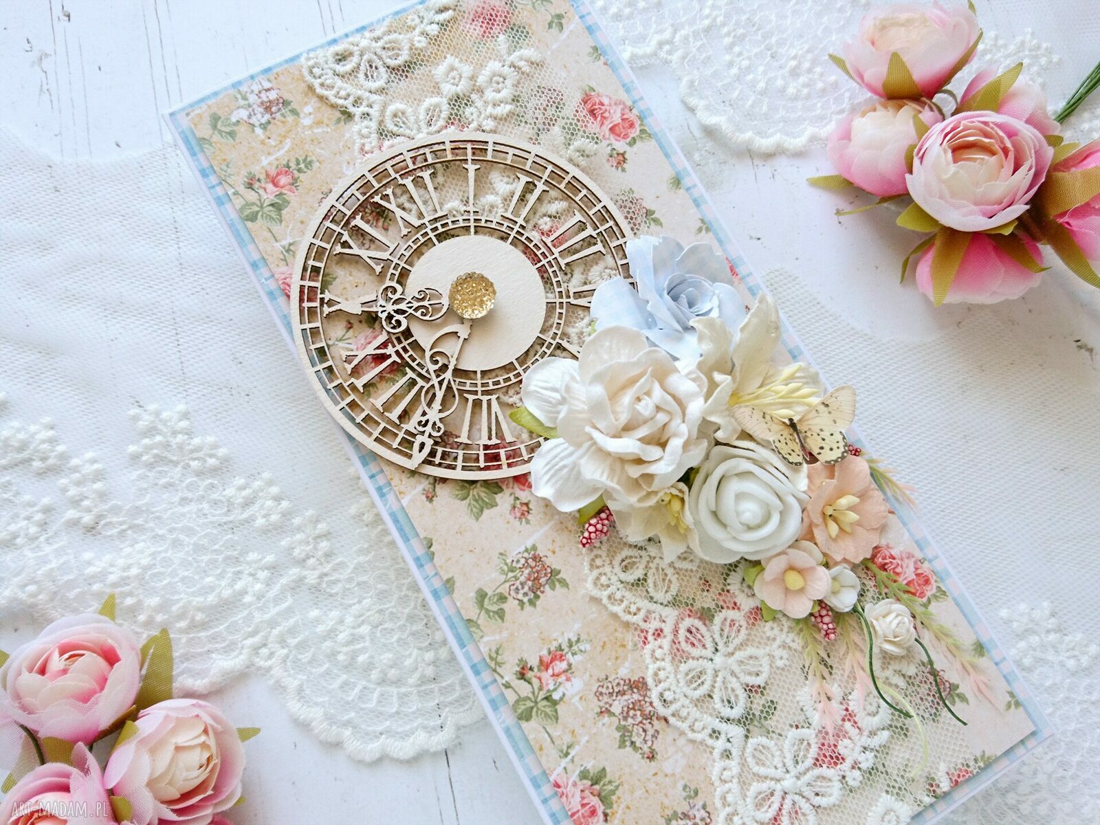 Kartka Shabby Chic z zegarem - ręcznie robiona