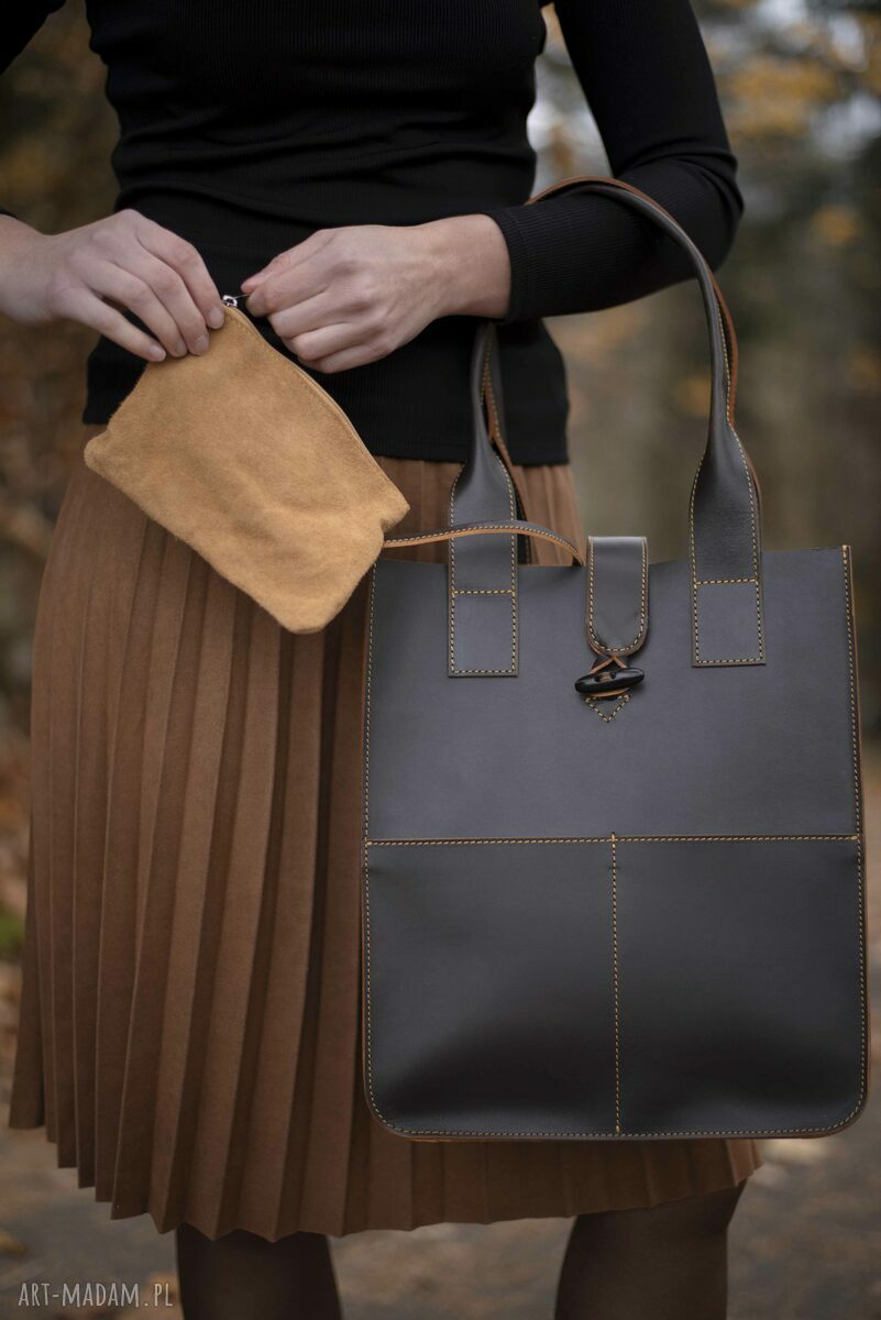 Shooper w czekoladowym brązie - skórzana torba na ramię handmade