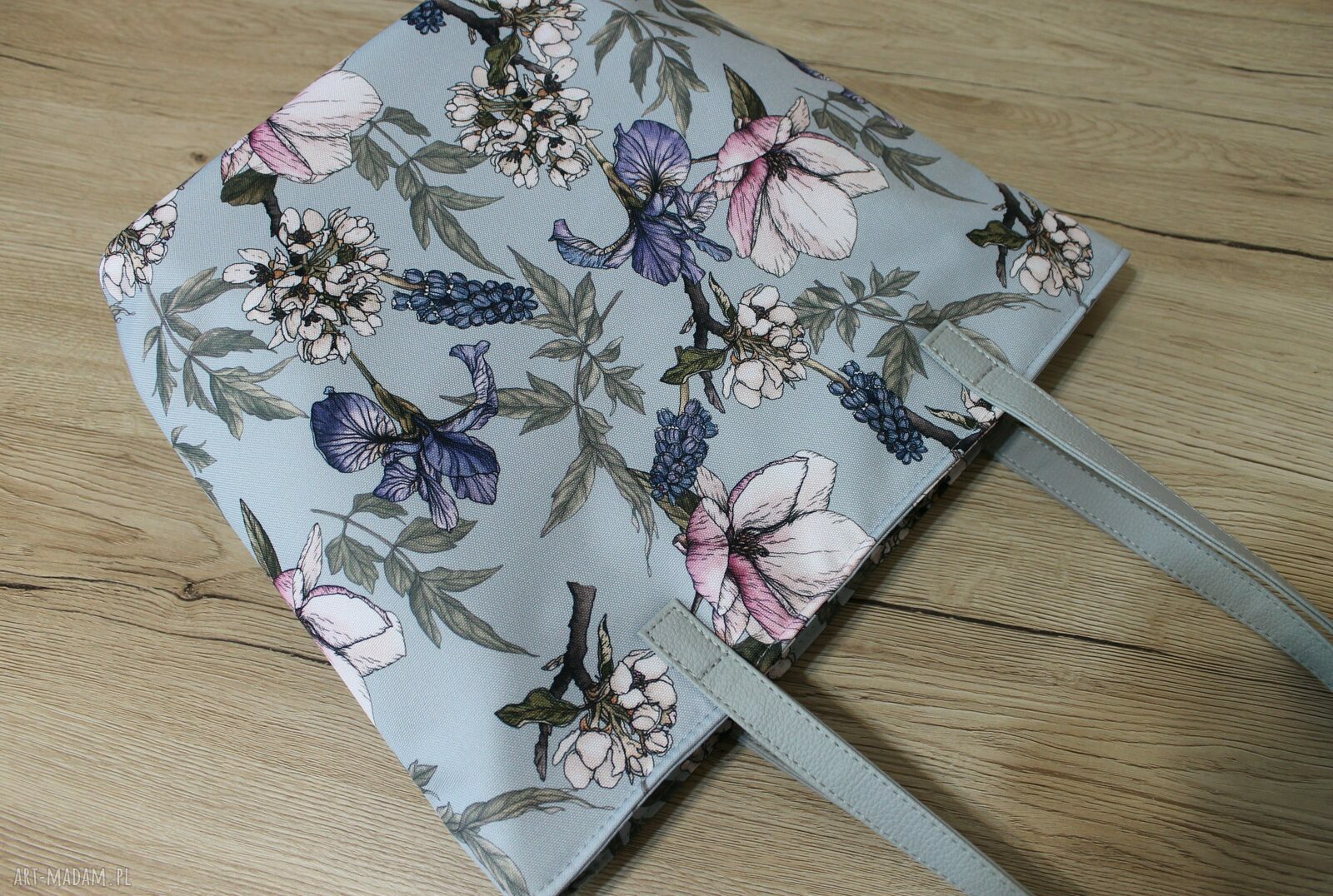 Shopper bag bucket z irysami vintage na ramię - handmade