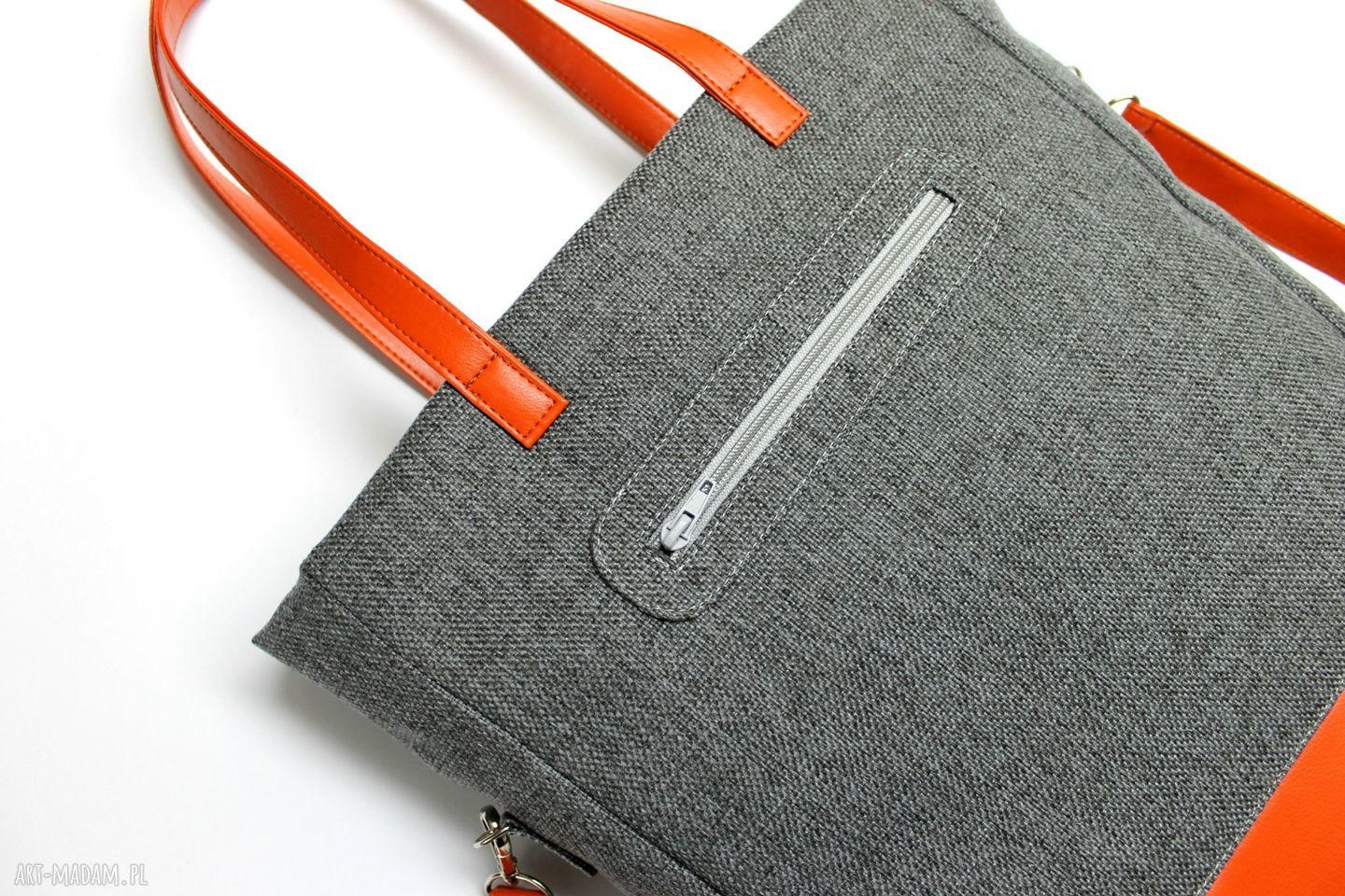Shopper Bag - tkanina szara i skóra ruda