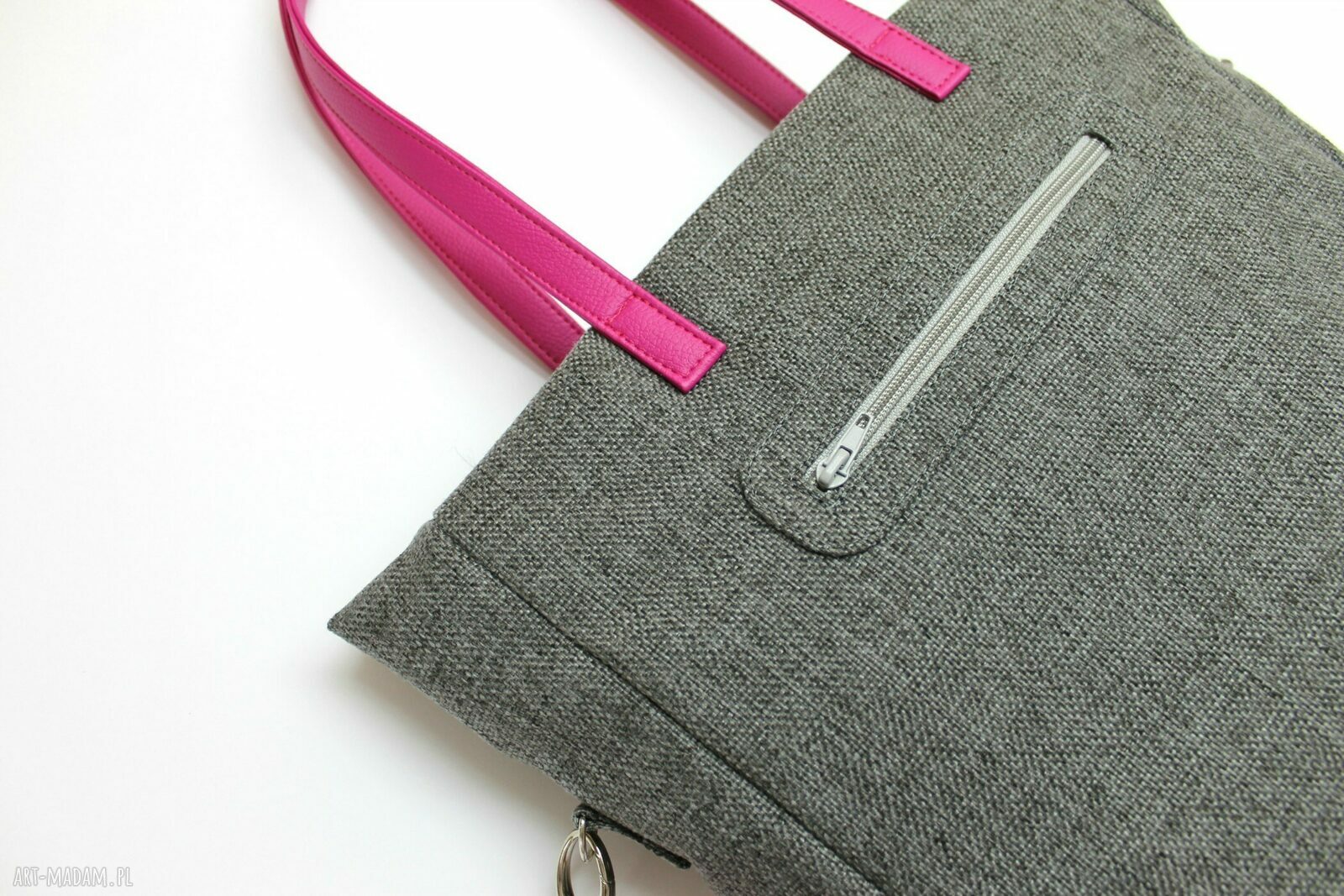 Shopper Bag - tkanina szara i skóra fuksja