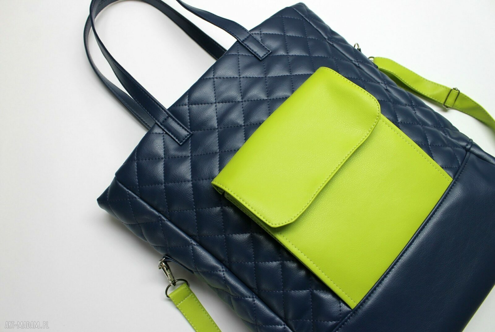 Shopper Bag pikowany - granat i zielony
