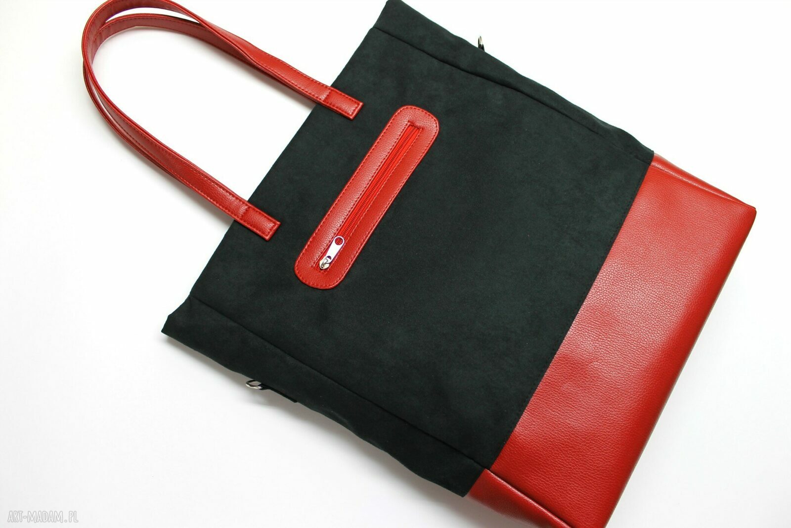Shopper Bag - zamsz czarny i skóra czerwona
