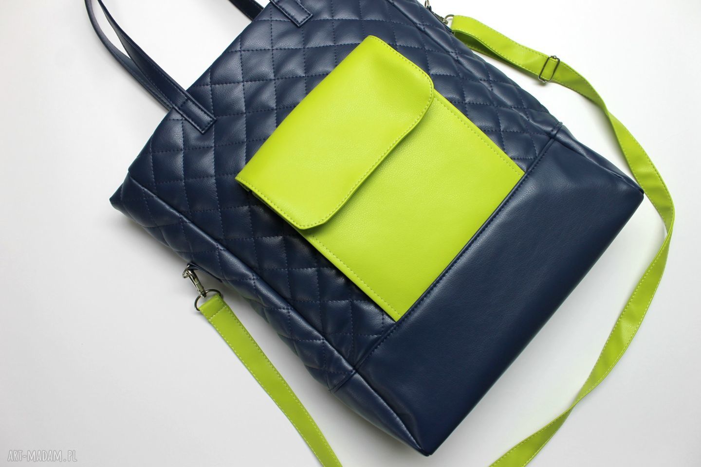 Shopper Bag pikowany - granat i zielony