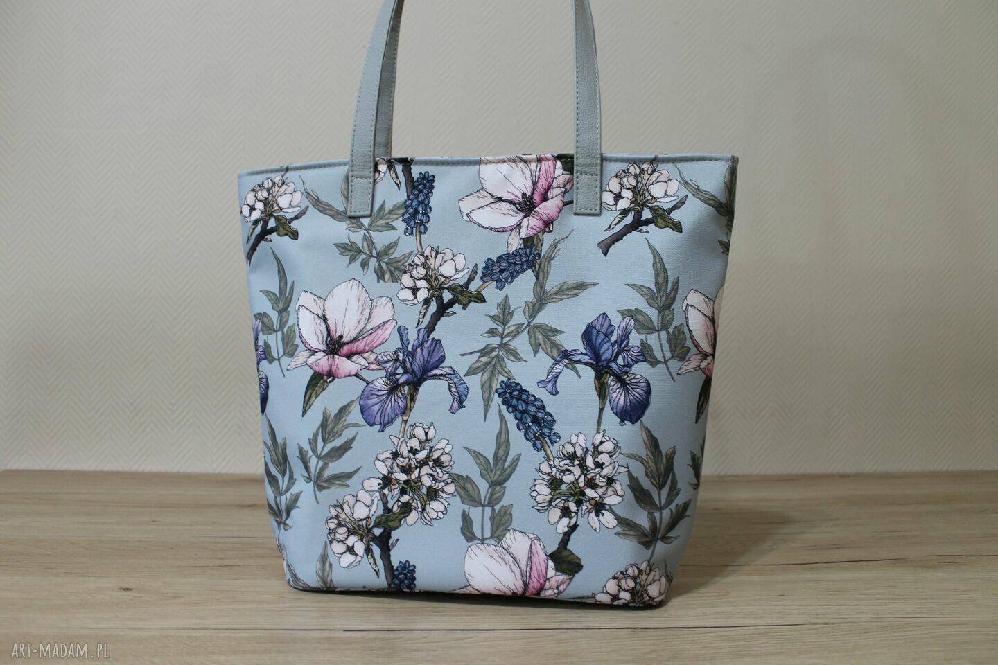 Shopper bag bucket z irysami vintage na ramię - handmade