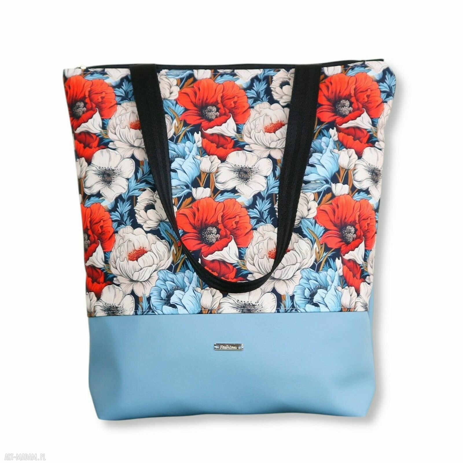 Shopper na zakupy w kwiaty - pojemna torba na ramię, zapinana na suwak