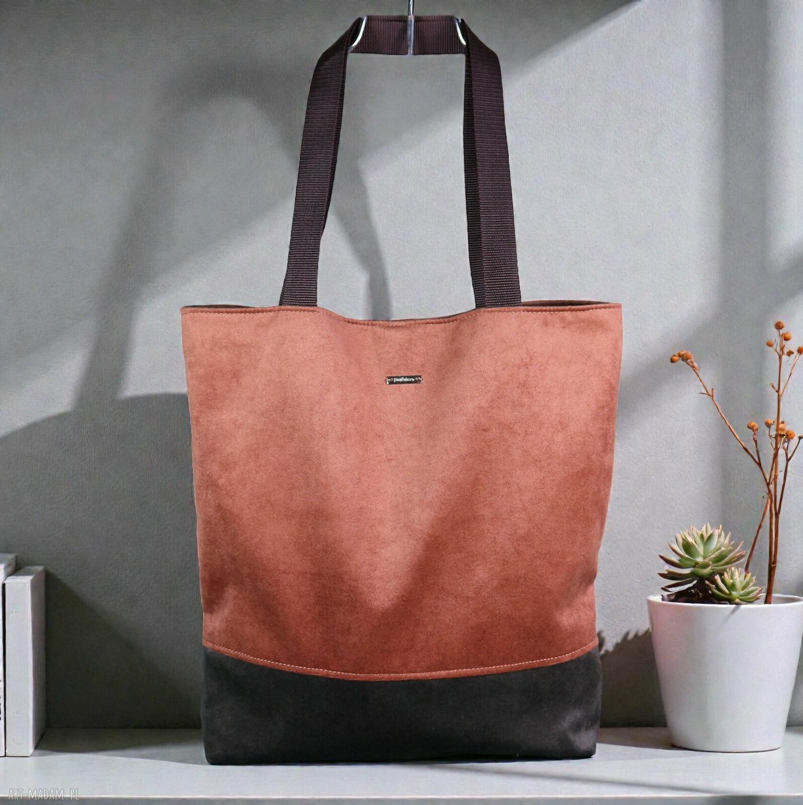 Shopper na zakupy welurowa cynamon - torba damska na ramię handmade